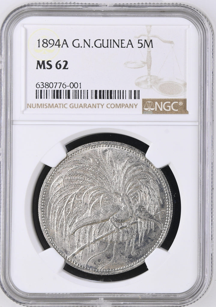 #アンティークコインギャラリア 1894年 ドイツ領ニューギニア 5マルク銀貨 極楽鳥 MS62