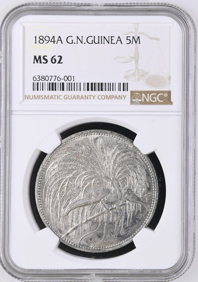 #アンティークコインギャラリア 1894年 ドイツ領ニューギニア 5マルク銀貨 極楽鳥 MS62
