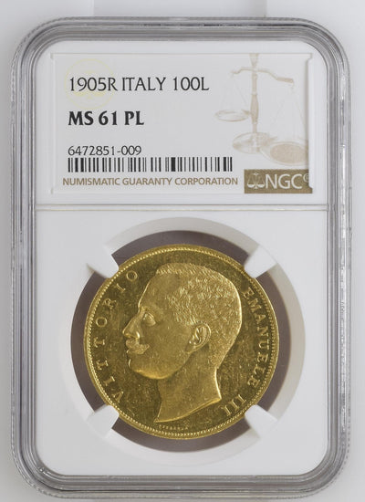 アンティークコインギャラリア 1905 イタリア 100リラ金貨 MS61プルーフライク