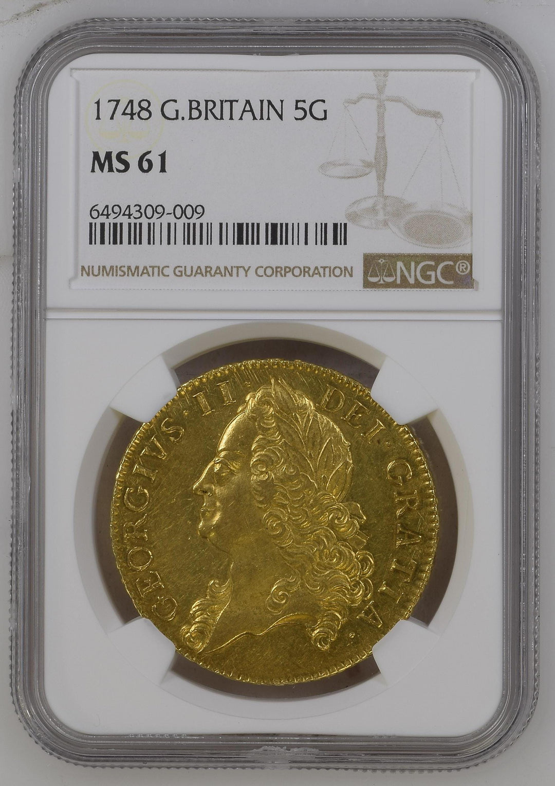 アンティークコインギャラリア 1748 イギリス ジョージ2世 5ギニー金貨  NGC MS61