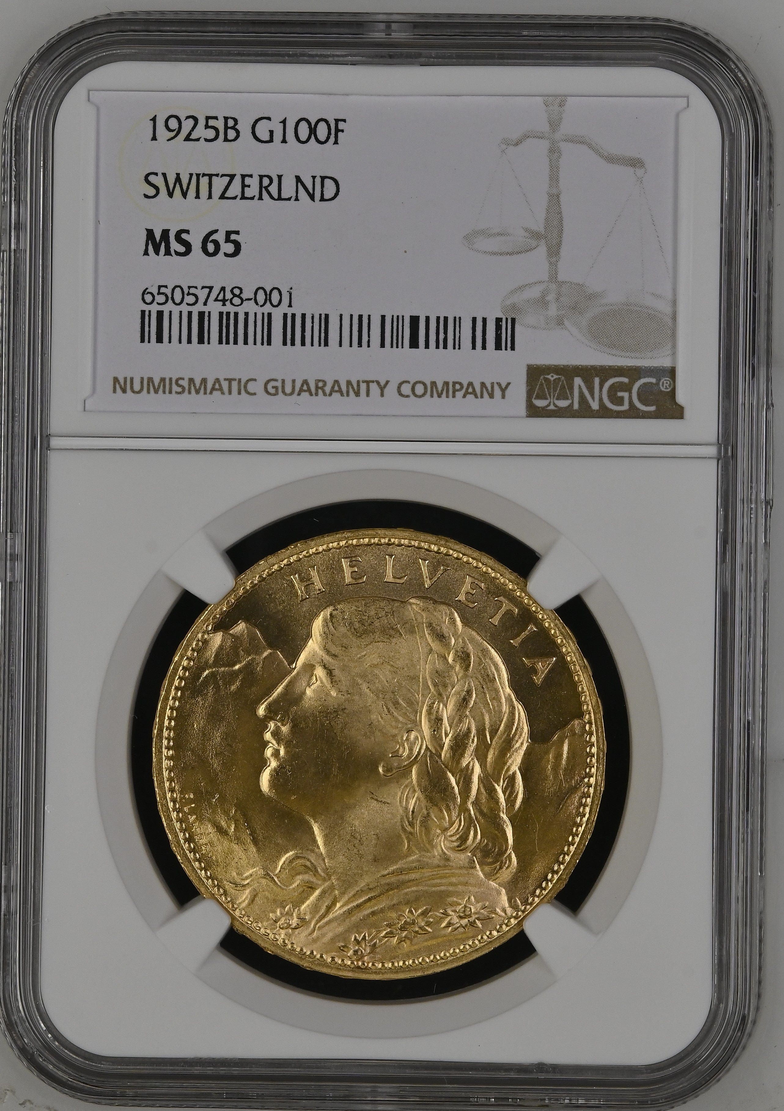 1925-B スイス ブレネリ 100フラン金貨 NGC MS65 | アンティークコイン