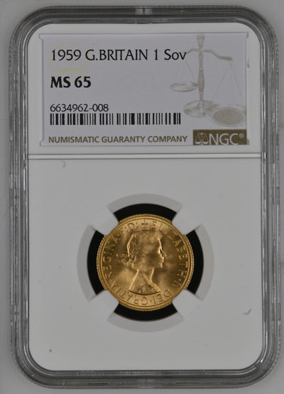 #アンティークコインギャラリア 1959年 イギリス エリザベス2世 1stポートレート ソブリン金貨 MS65