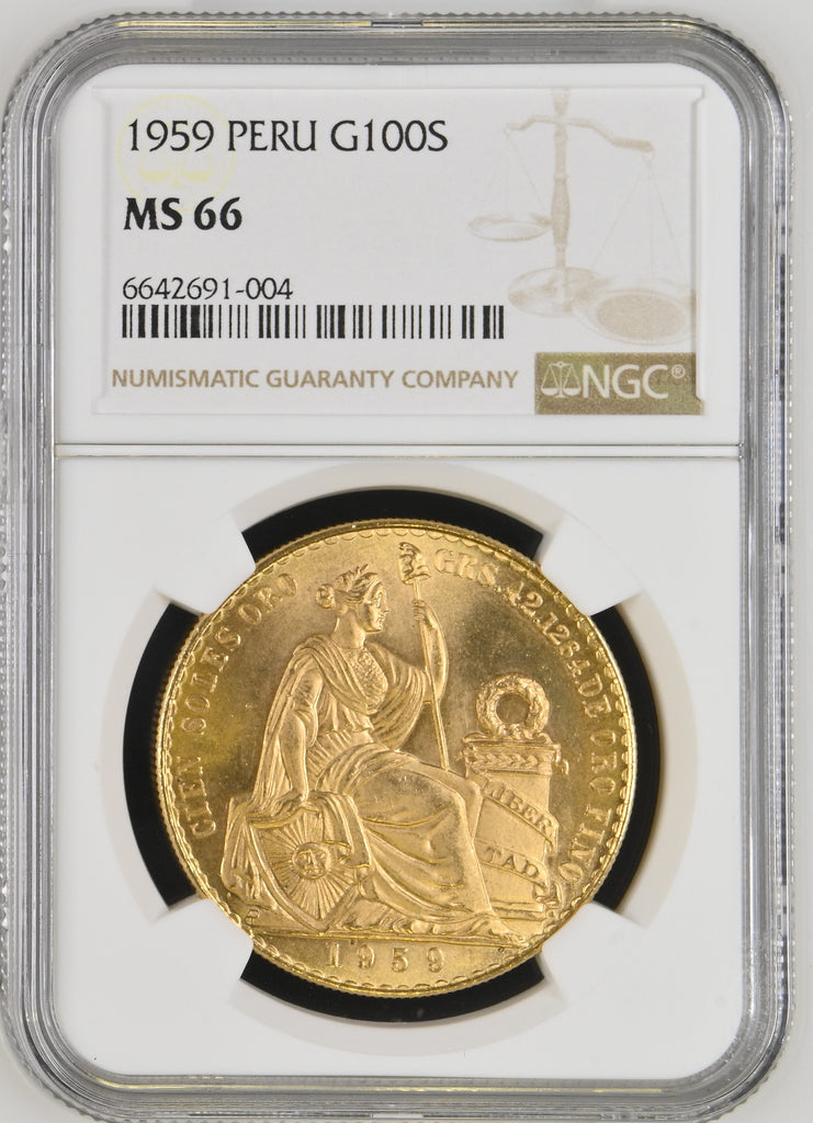 1959年 ペルー 坐像の女神 100ソル金貨 NGC MS66