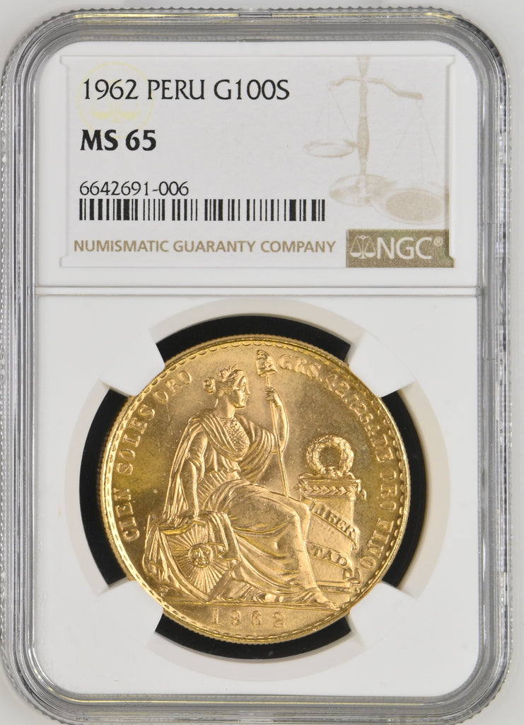 1962年 ペルー 坐像の女神 100ソル金貨 NGC MS65