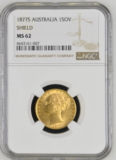 #アンティークコインギャラリア 1877年S オーストラリア シールド ソヴリン金貨 NGC MS62