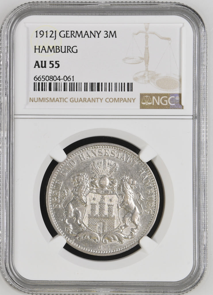 1912年 ドイツ ハンブルク 3マルク銀貨 NGC AU55