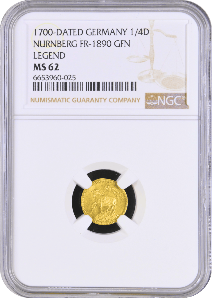 #アンティークコインギャラリア 1700年 ニュルンベルク ラムダカット 1/4ダカット金貨 MS62