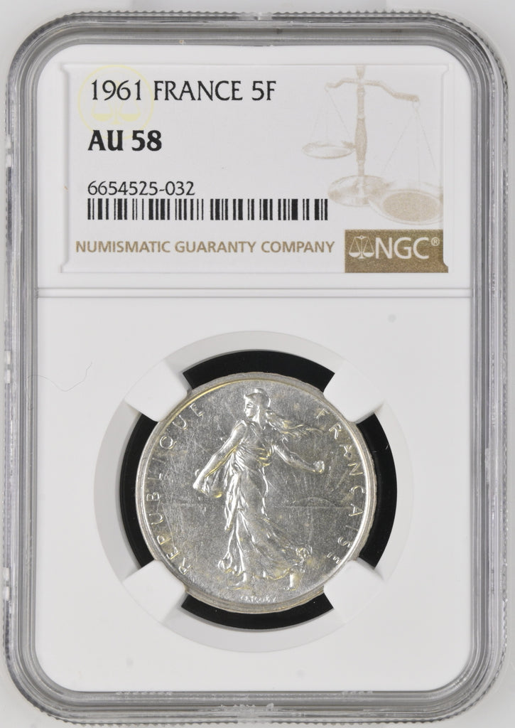 1961年 フランス 種を蒔く人 5フラン銀貨 NGC AU58