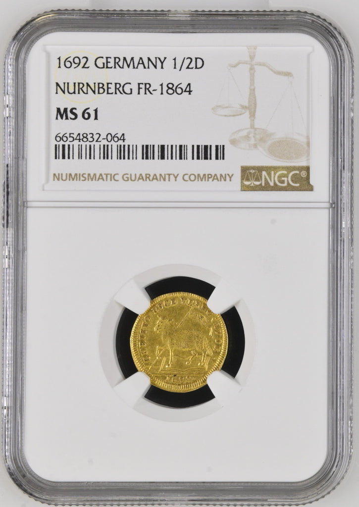#アンティークコインギャラリア 1692年 ドイツ ニュルンベルク ラムダカット 1/2ダカット金貨 MS61