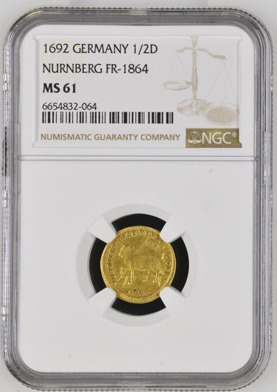 #アンティークコインギャラリア 1692年 ドイツ ニュルンベルク ラムダカット 1/2ダカット金貨 MS61