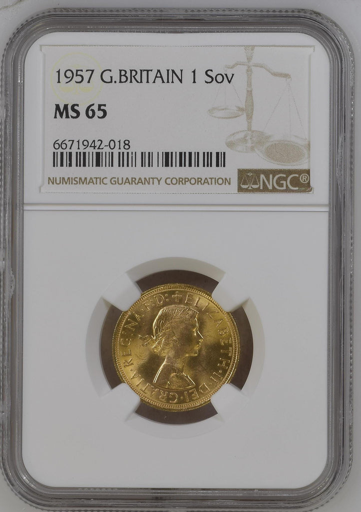 #アンティークコインギャラリア 1957年 イギリス エリザベス2世 1stポートレート ソヴリン金貨 NGC MS65