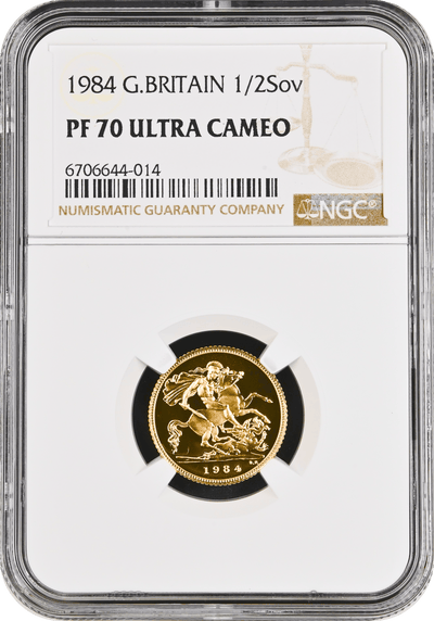 #アンティークコインギャラリア 1984年 イギリス エリザベス2世 ハーフソヴリン金貨 NGC PF70 Ultra Cameo