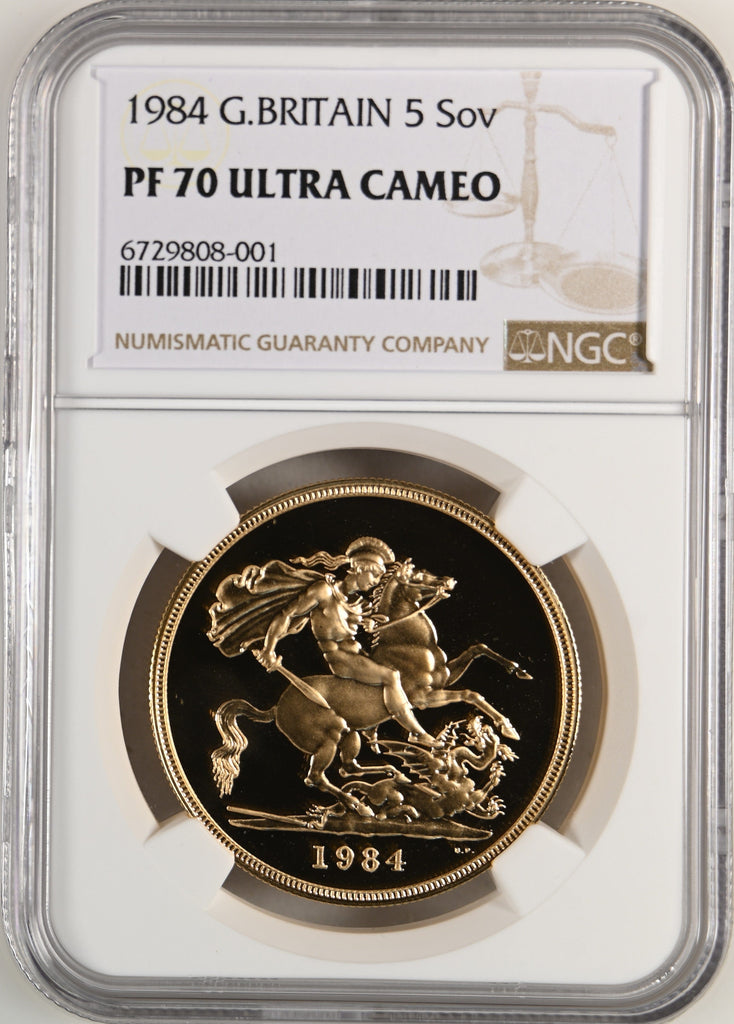 #アンティークコインギャラリア 1984年 イギリス エリザベス2世 2ndポートレート 5ソヴリン金貨 PF70UCAM