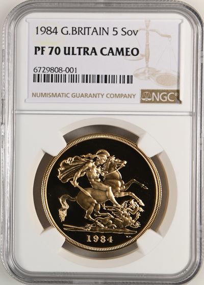 #アンティークコインギャラリア 1984年 イギリス エリザベス2世 2ndポートレート 5ソヴリン金貨 PF70UCAM