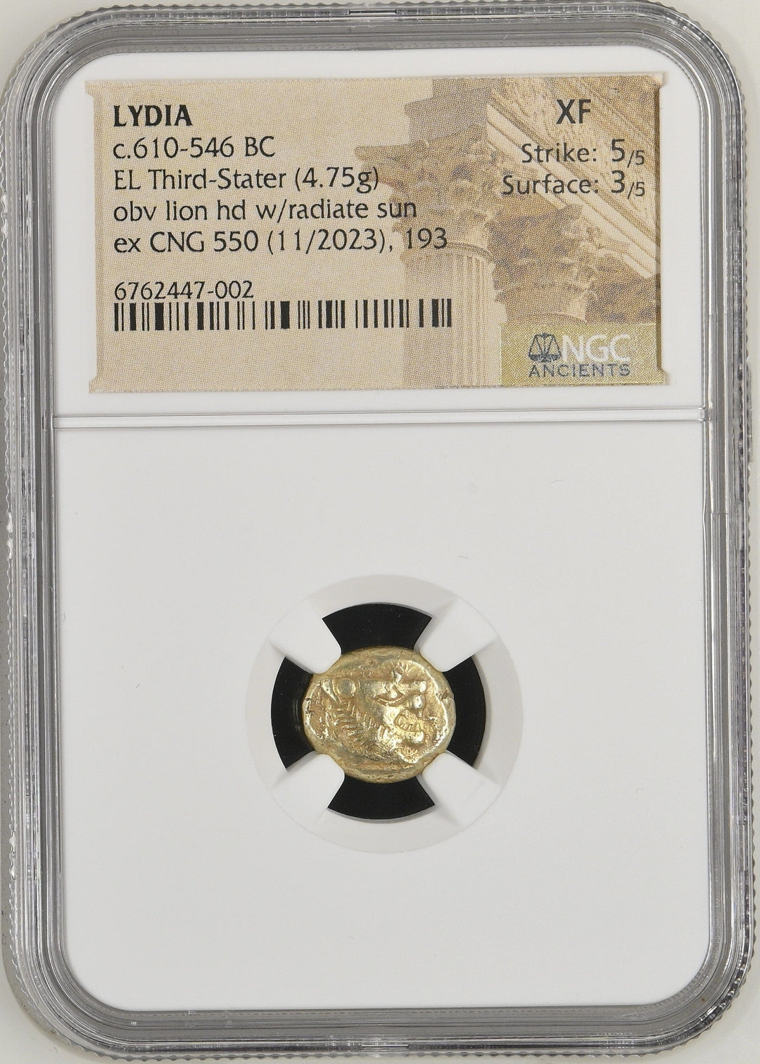 #アンティークコインギャラリア 古代リディア王国 紀元前610-546年頃 1/3ステーター金貨 NGC XF Strike: 5/5 Surface: 3/5