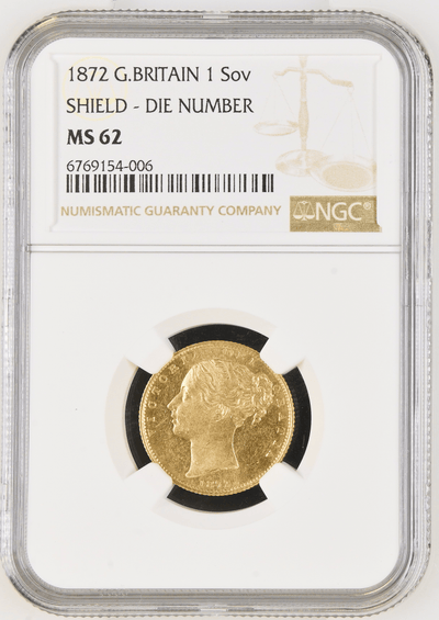 #アンティークコインギャラリア 1872年 イギリス ヴィクトリア ソヴリン金貨 シールド ダイナンバー49 MS62