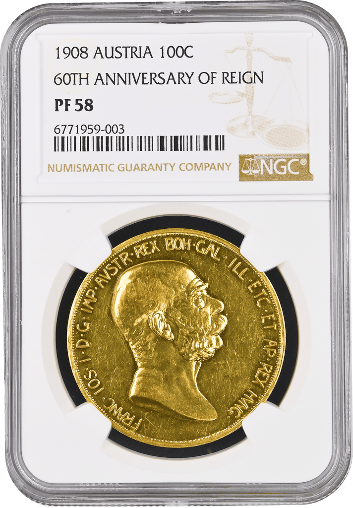 #アンティークコインギャラリア 1908年 オーストリア フランツ・ヨーゼフ1世 雲上の女神 100コロナ金貨 NGC PF58