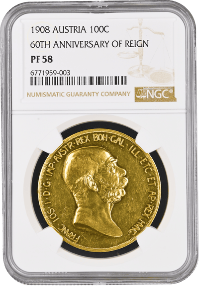 #アンティークコインギャラリア 1908年 オーストリア フランツ・ヨーゼフ1世 雲上の女神 100コロナ金貨 NGC PF58