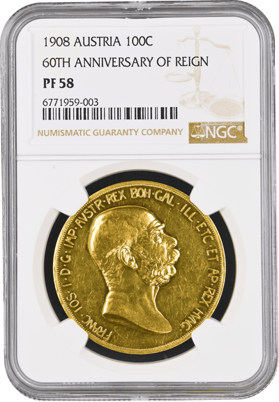 1908年 オーストリア フランツ・ヨーゼフ1世 雲上の女神 100コロナ金貨 1908年 オーストリア フランツ・ヨーゼフ1世 雲上の女神 100コロナ金貨