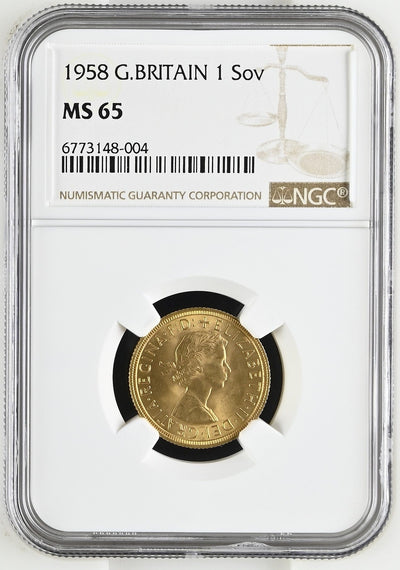 #アンティークコインギャラリア 1958年 イギリス エリザベス2世 1stポートレート ソヴリン金貨 NGC MS65