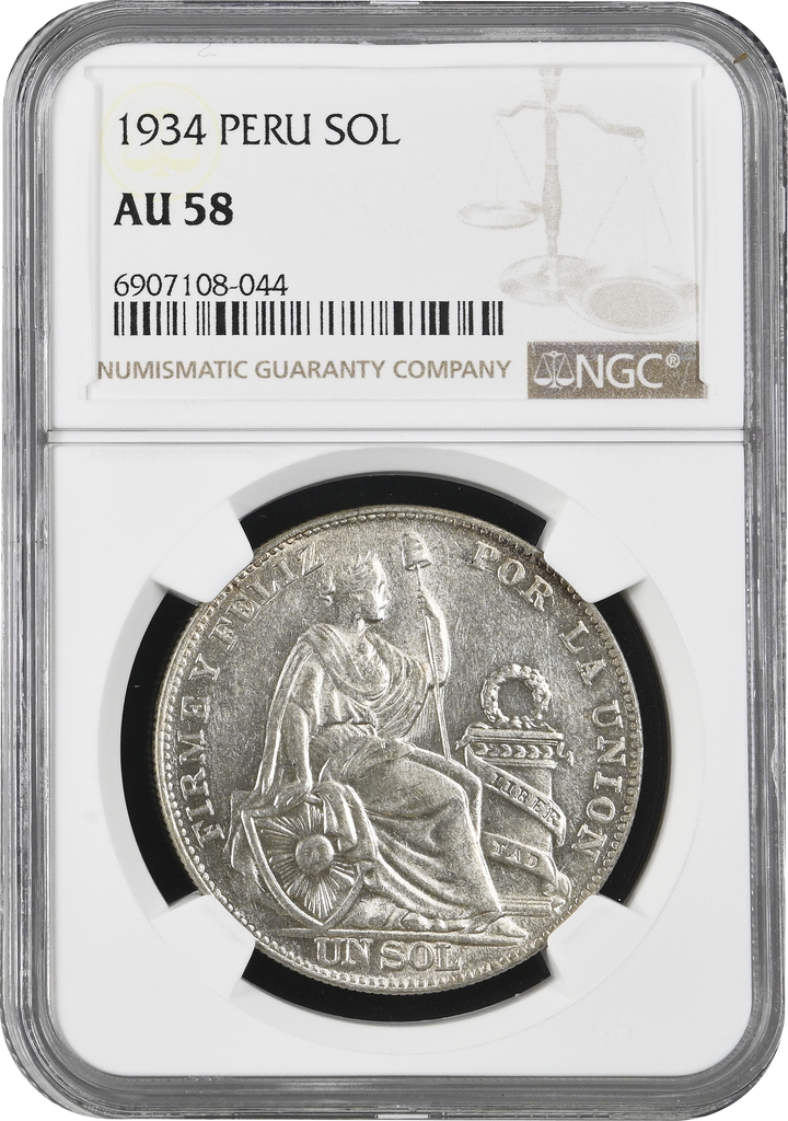 1934年 ペルー 坐像の女神 1ソル銀貨 NGC AU58
