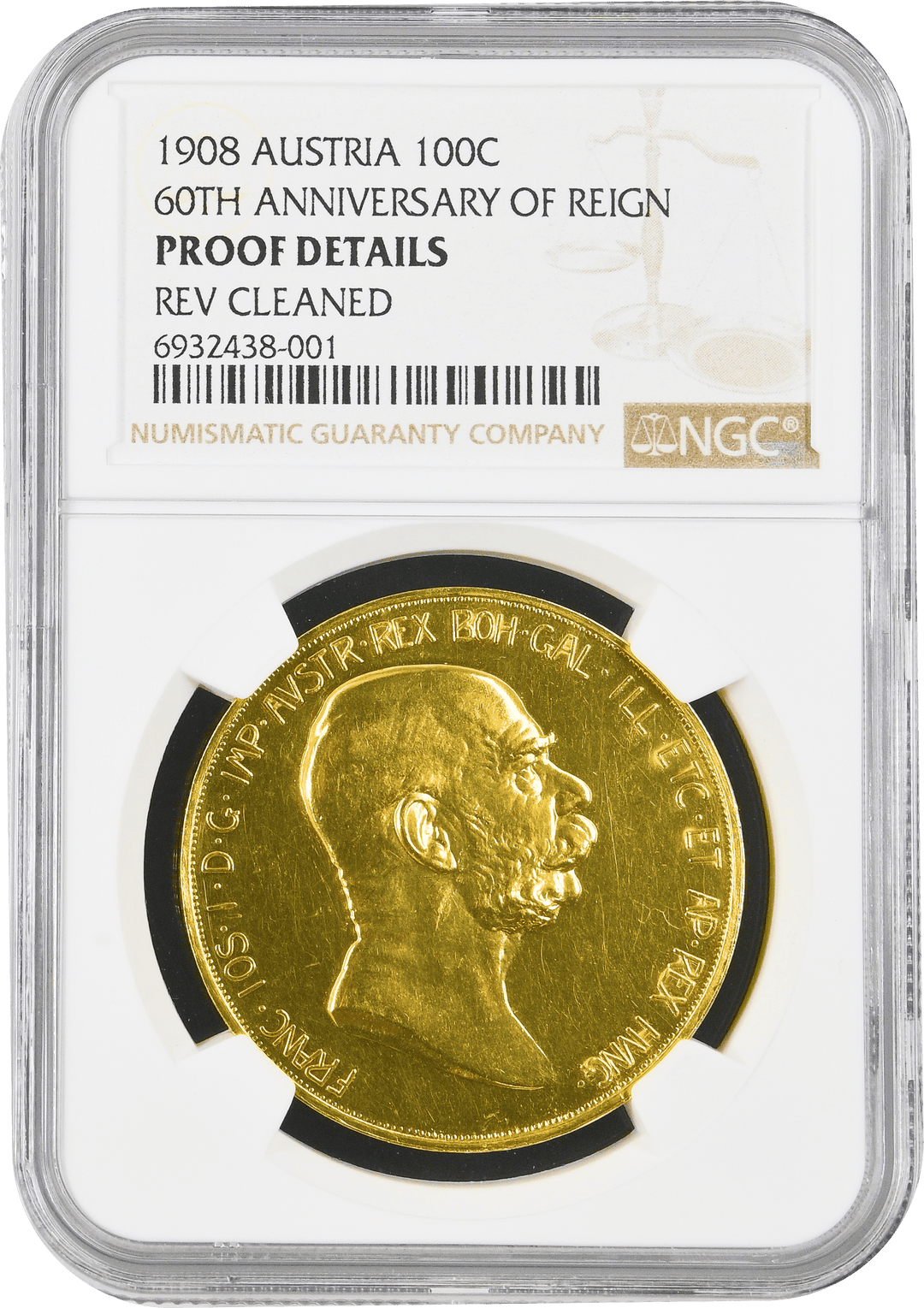 #アンティークコインギャラリア 1908年 オーストリア フランツ・ヨーゼフ1世 100コロナ金貨 雲上の女神 PROOF DETAILS