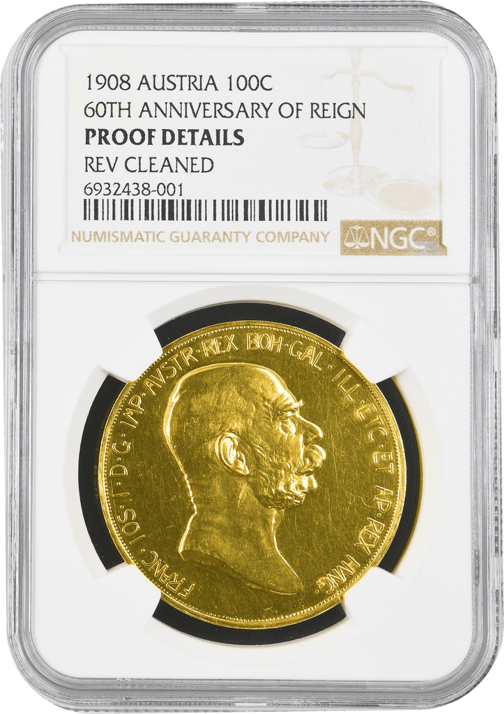 #アンティークコインギャラリア 1908年 オーストリア フランツ・ヨーゼフ1世 100コロナ金貨 雲上の女神 PROOF DETAILS