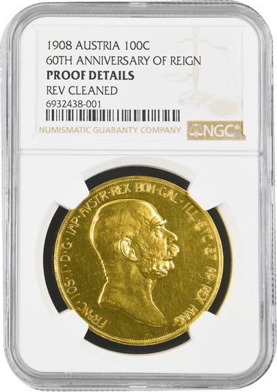 #アンティークコインギャラリア 1908年 オーストリア フランツ・ヨーゼフ1世 100コロナ金貨 雲上の女神 PROOF DETAILS