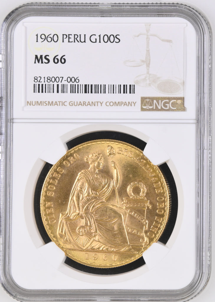 1960年 ペルー 坐像の女神 100ソル金貨 NGC MS66