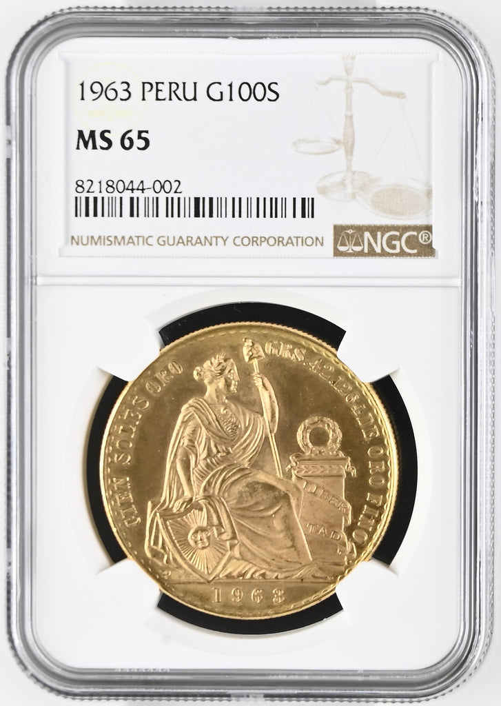 1963年 ペルー 坐像の女神 100ソル金貨 NGC MS65
