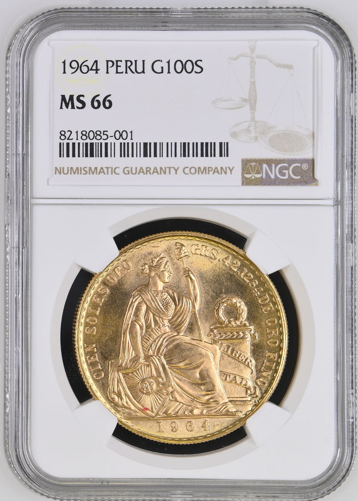 1964年 ペルー 坐像の女神 100ソル金貨 NGC MS66