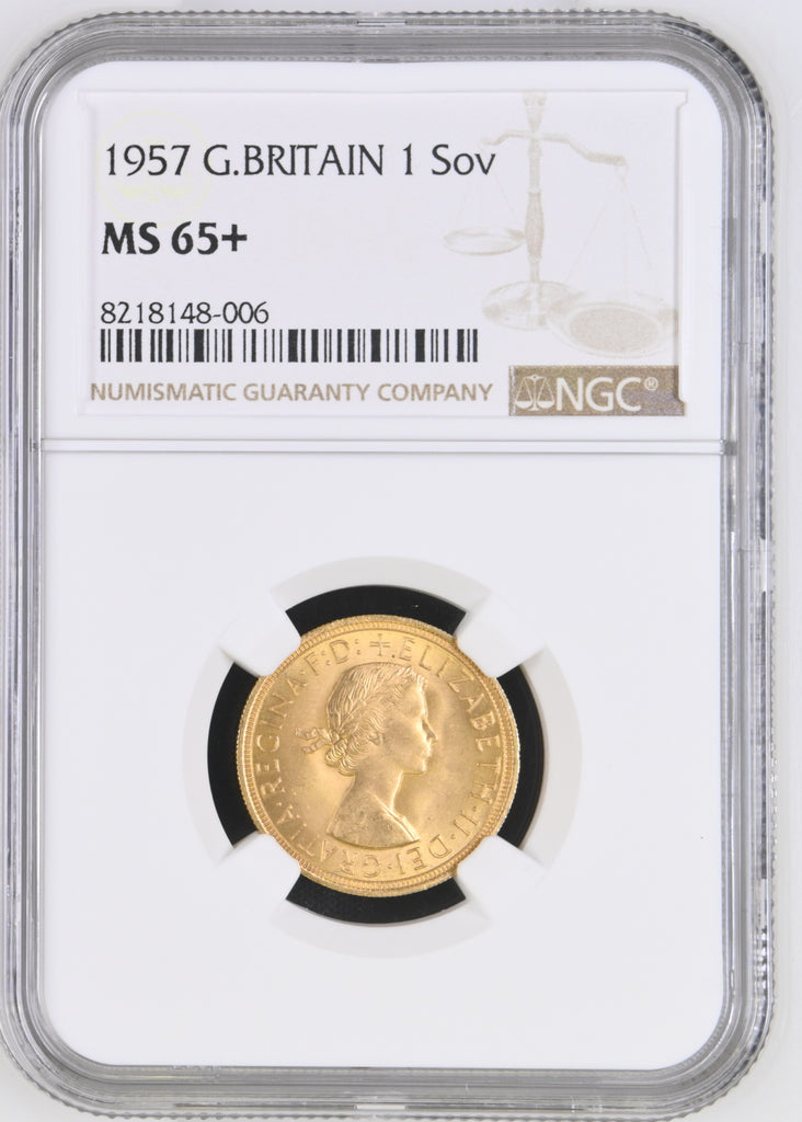 1957年 イギリス エリザベス2世 1stポートレート ギリックソヴリン金貨 NGC MS65+
