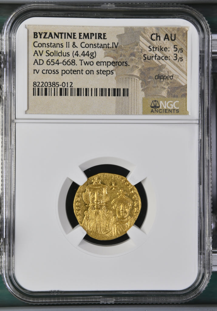 AD654-668 ビザンツ帝国 コンスタンス2世＆コンスタンティノス4世 ソリダス金貨 NGC Ch AU 5-3