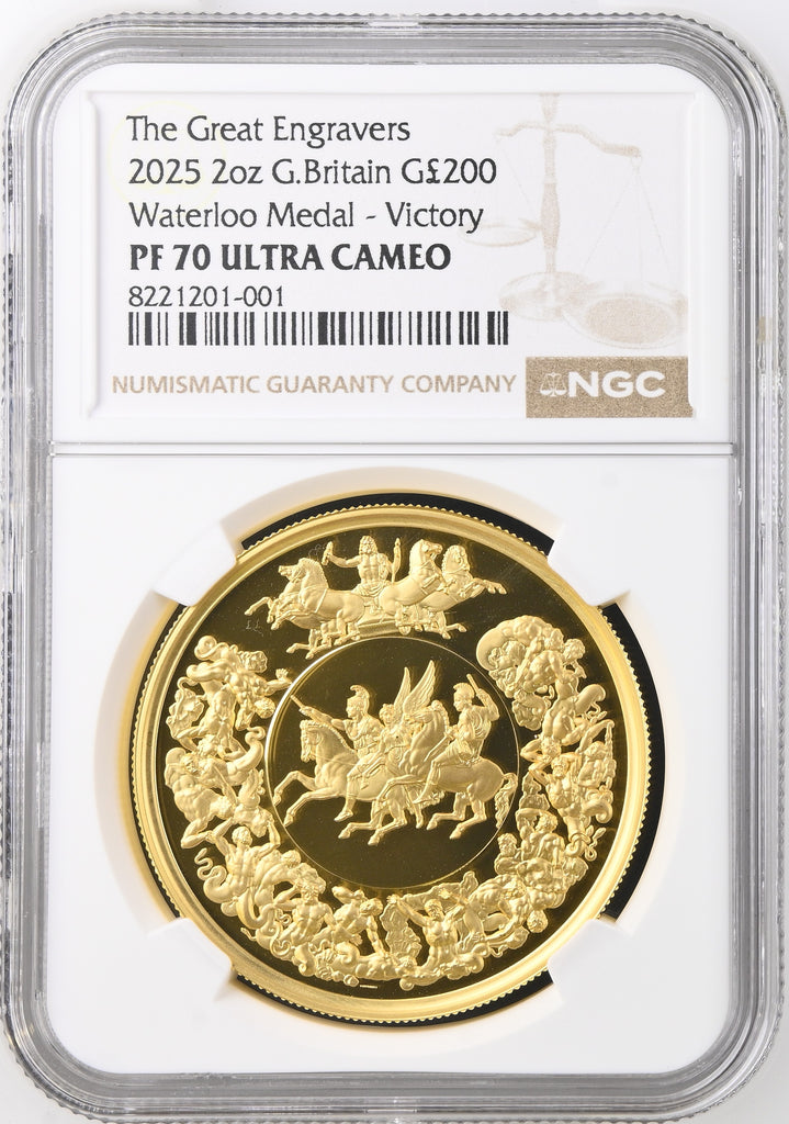 2025年 イギリス グレートエングレーバーシリーズ ワーテルローメダル 2オンス 200ポンド金貨 NGC PF70UCAM 箱COA付