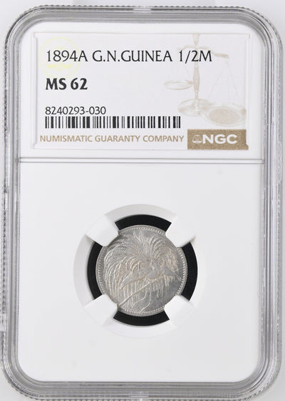 #アンティークコインギャラリア 1894年A ドイツ領ニューギニア 極楽鳥 1/2マルク銀貨 NGC MS62