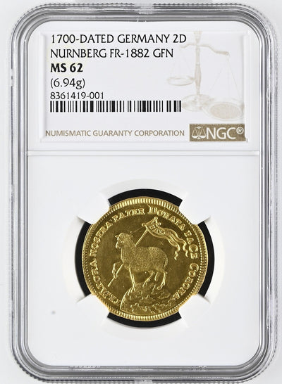#アンティークコインギャラリア 1700年 ドイツ ニュルンベルグ ラムダカット 2ダカット金貨 MS62
