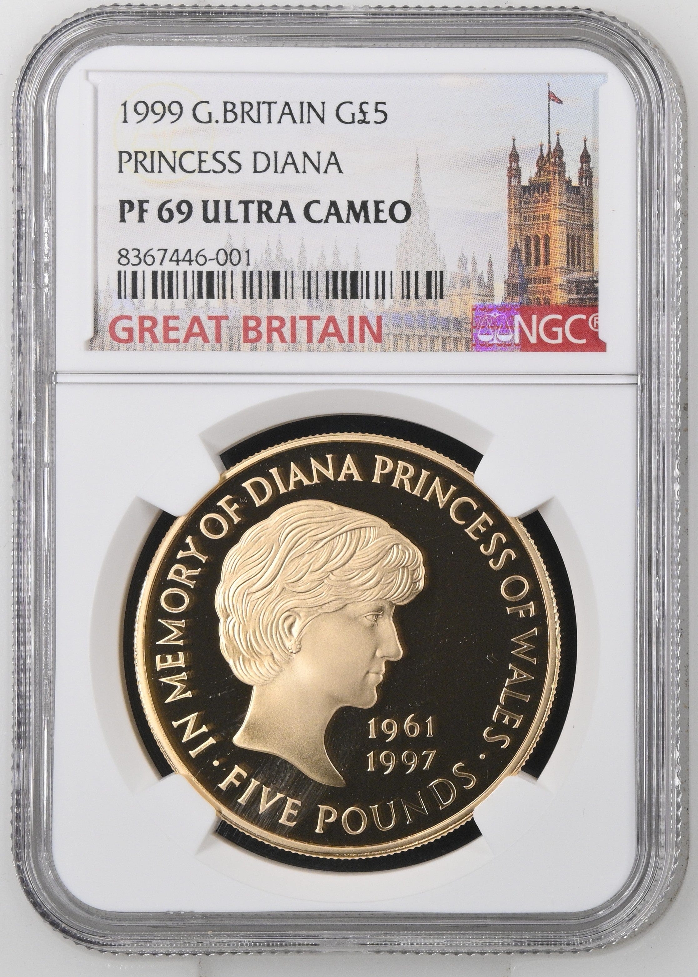 1999年 イギリス ダイアナ妃追悼 5ポンド プルーフ銀貨 (54) NGC鑑定PF69UC 1999年 イギリス ダイアナ妃追悼祈念 5ポンド銀貨
