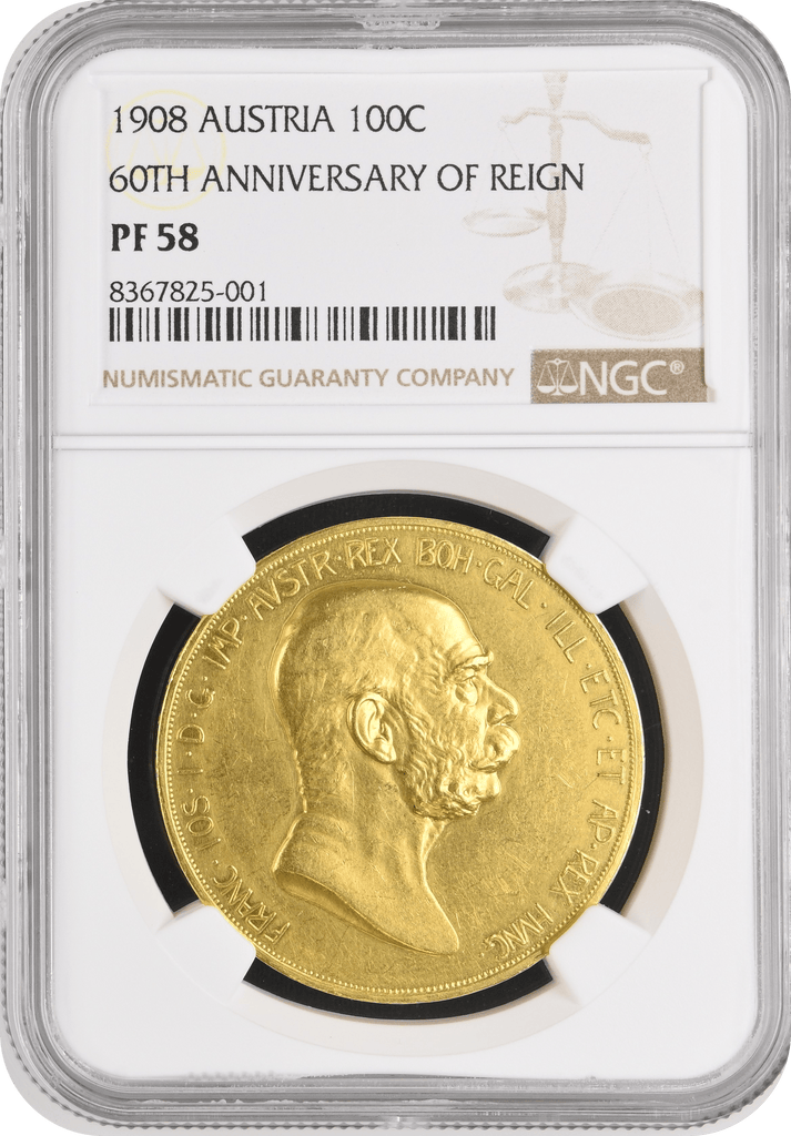 #アンティークコインギャラリア 1908年 オーストリア フランツ・ヨーゼフ1世 雲上の女神 100コロナ金貨 NGC PF58