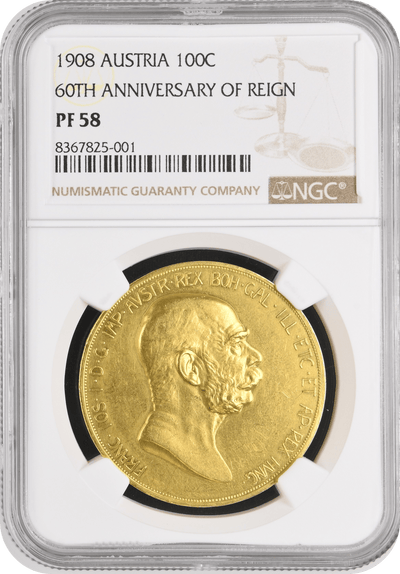 #アンティークコインギャラリア 1908年 オーストリア フランツ・ヨーゼフ1世 雲上の女神 100コロナ金貨 NGC PF58