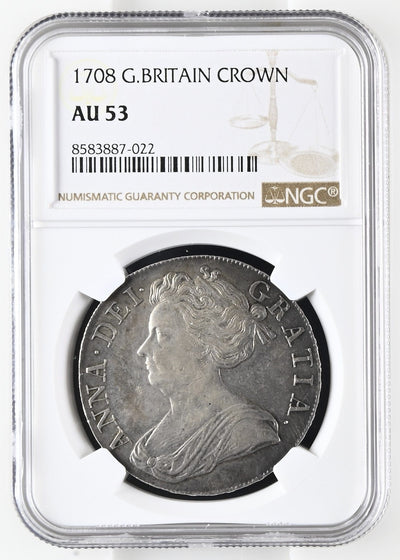 #アンティークコインギャラリア 1708年 イギリス アン女王 クラウン銀貨 NGC AU53
