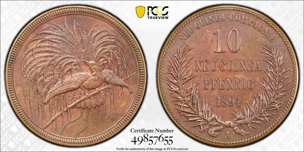 #アンティークコインギャラリア 1894年 ドイツ領ニューギニア 極楽鳥 10ペニヒ銅貨 PCGS MS63BN