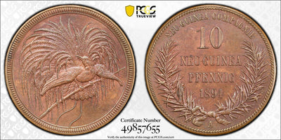 #アンティークコインギャラリア 1894年 ドイツ領ニューギニア 極楽鳥 10ペニヒ銅貨 PCGS MS63BN