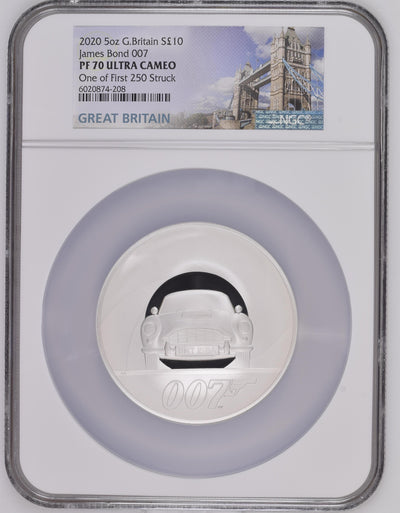 2020年 イギリス 007 5オンス 10ポンド銀貨 NGC PF70UCAM One of First