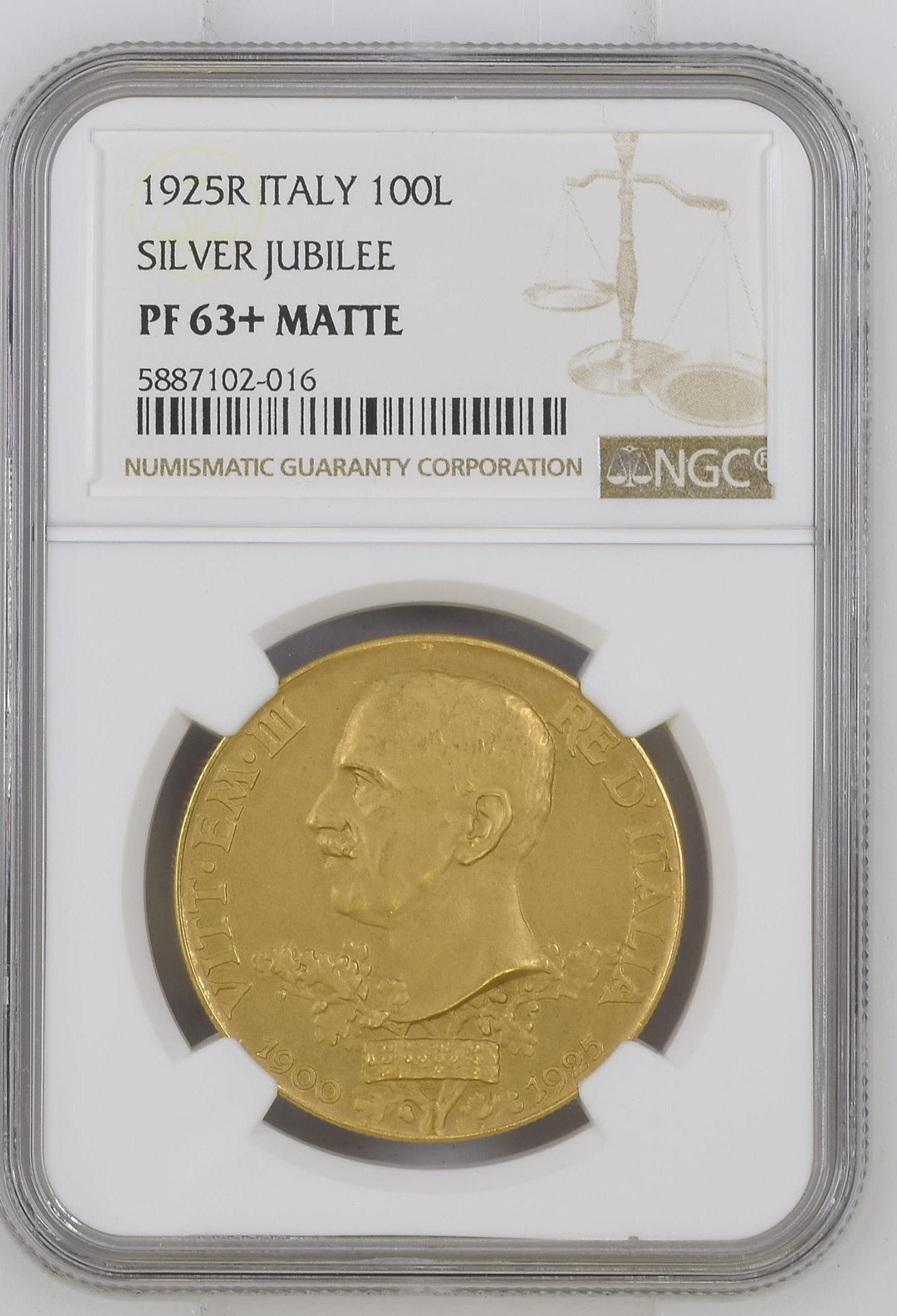 1925年 イタリア 100リラ シルバージュビリー マット金貨 NGC PF63+