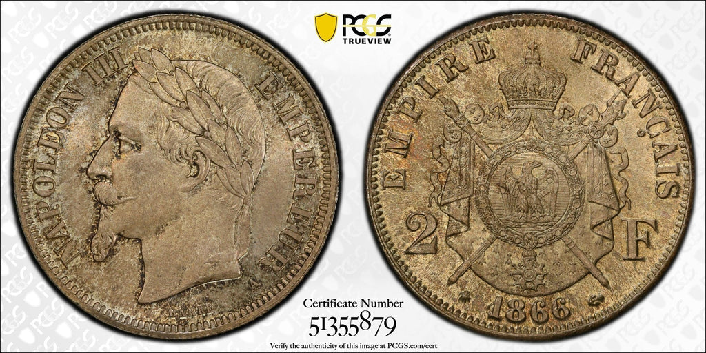 #アンティークコインギャラリア 1866年A フランス ナポレオン3世 2フラン銀貨 PCGS MS65
