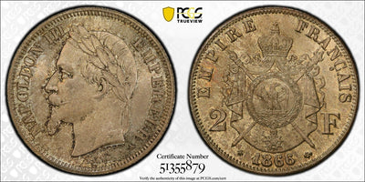 #アンティークコインギャラリア 1866年A フランス ナポレオン3世 2フラン銀貨 PCGS MS65
