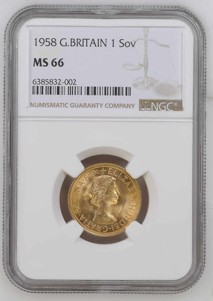 1958年 イギリス エリザベス2世 1st ポートレート ソヴリン金貨 NGC MS66