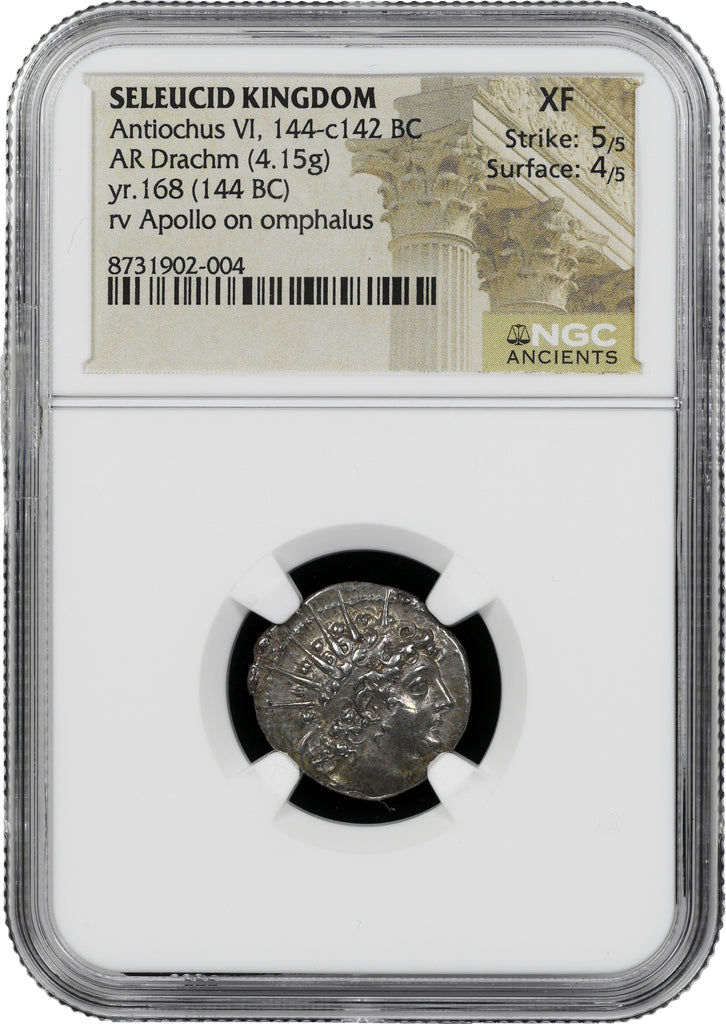 紀元前144-142年頃 古代 セレウコス朝シリア アンティオコス6世ディオニュソス ドラクマ銀貨 NGC XF 5/5 - 4/5