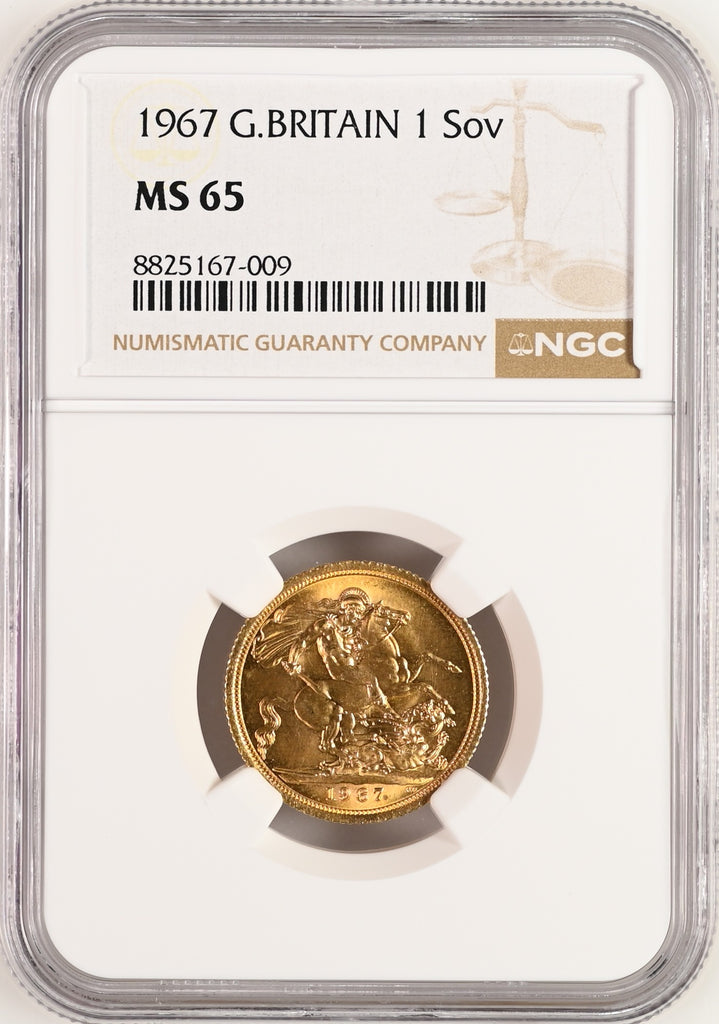 1967年 イギリス エリザベス2世 1stポートレート ギリックソヴリン金貨 NGC MS65