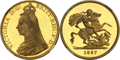 アンティークコインギャラリア 1887 イギリス Victoria (1837-1901). 5 pounds, jubilé de la Reine, Flan bruni (PROOF) PF63CAM